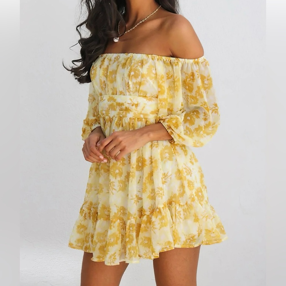 YELLOW AND WHITE OFF SHOULDER TIE BACK FLORAL SPRING MINI DRESS (medium) tags